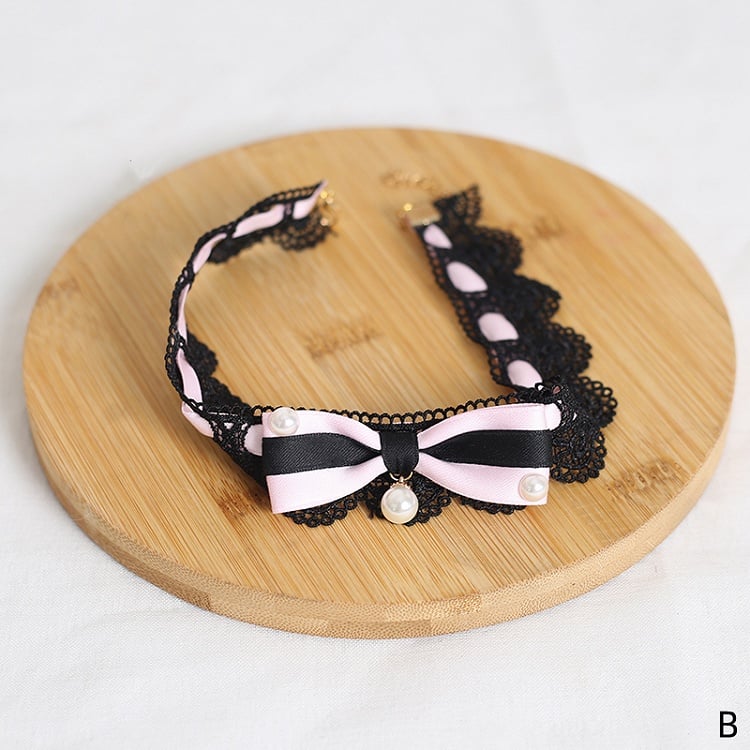 Handmade Bowknot Choker in Black and Pink Lace - Little Ghost