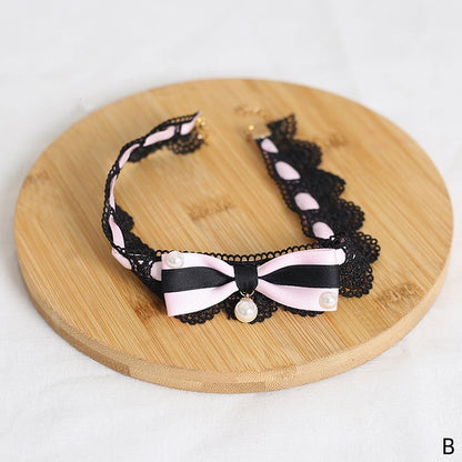 Handmade Bowknot Choker in Black and Pink Lace - Little Ghost