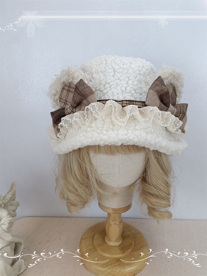 Plush / Trim Creamy Bucket Beige Bowknots Yellow Hat Lace Light