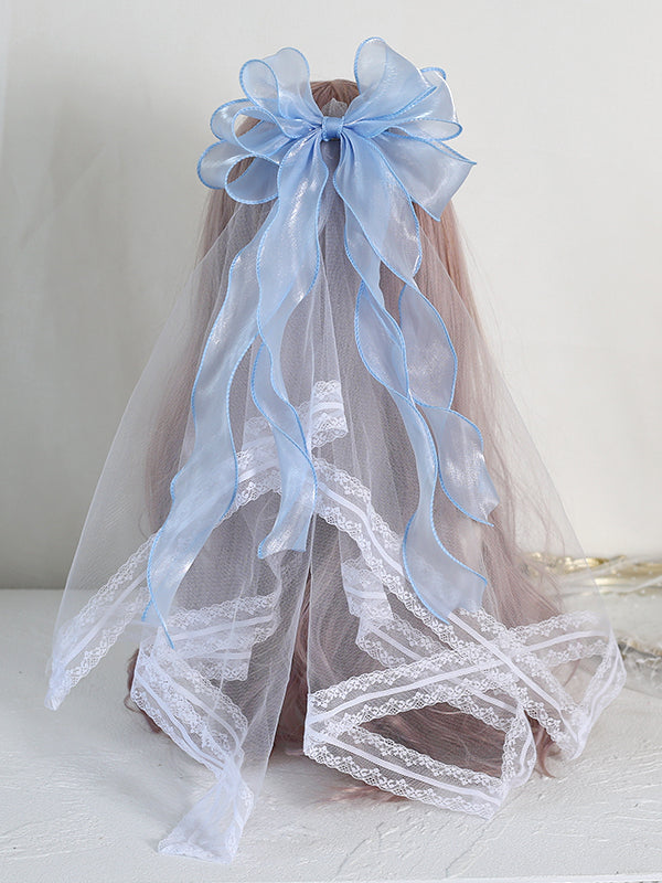 Big Bow Hairclip with Veil in Blue - Little Ghost