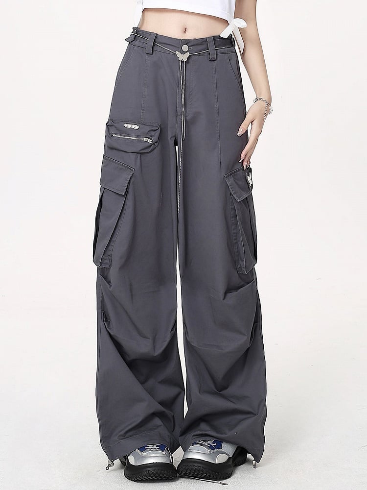 Ketten-Cargohose mit Hosenbund Techwear Grau Schmetterling Weites Bein