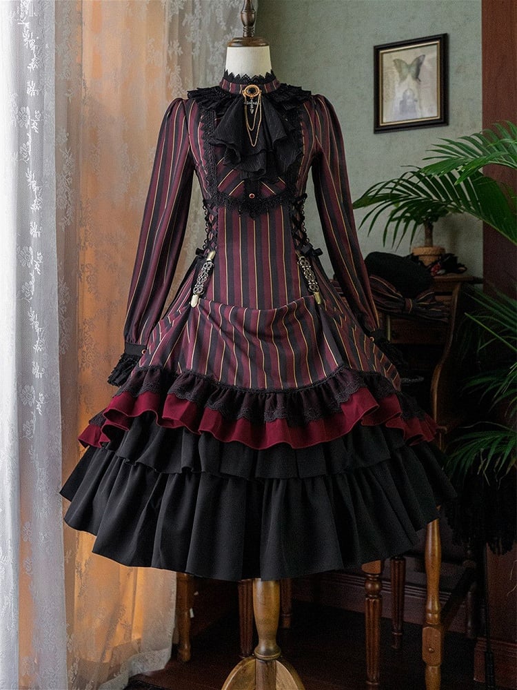mit gestreifter Schnürung Gothic Petite Rüschenkragen Lolita Kleid Taille