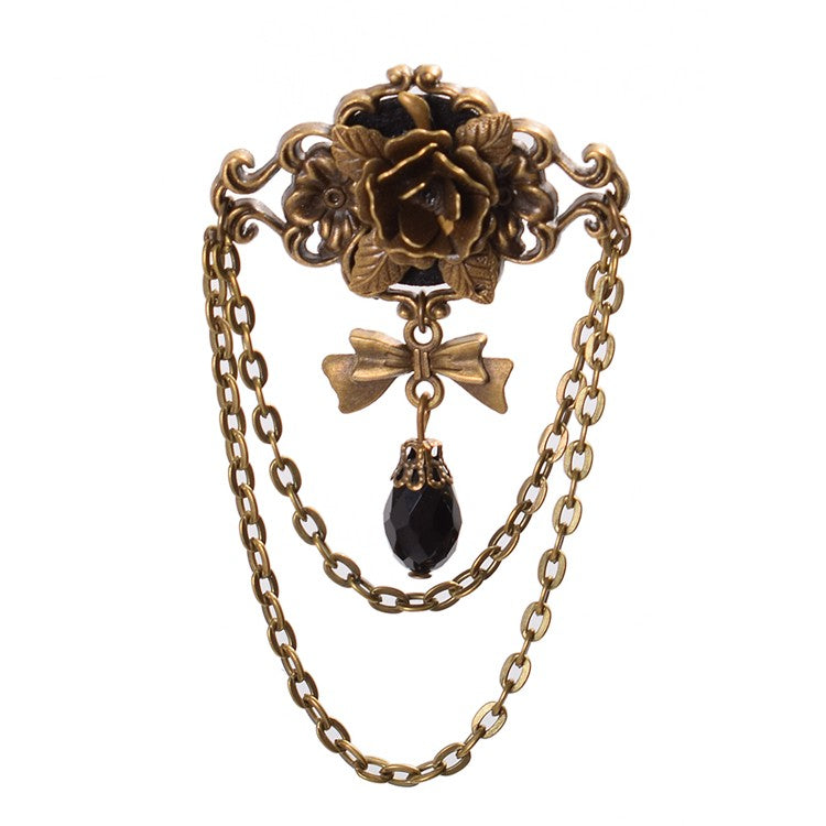 スチームパンクなリボンラインストーンローズブローチ