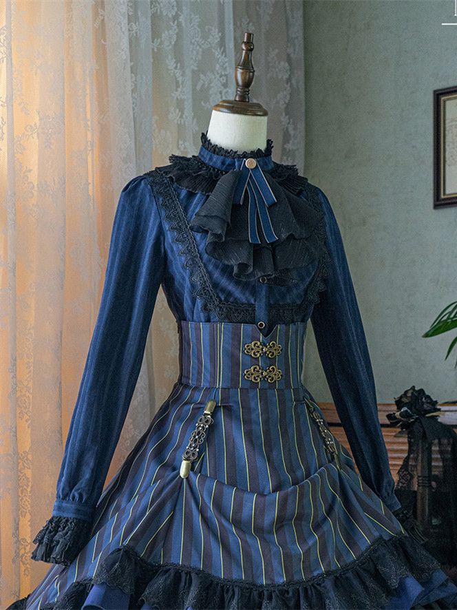 Bluse Gothic Kragen / Weiß Dunkel – Blau) Verfügbar Rot Hoch Farben Lolita Stoff 4 Gewaschen in Wildleder (Schwarz