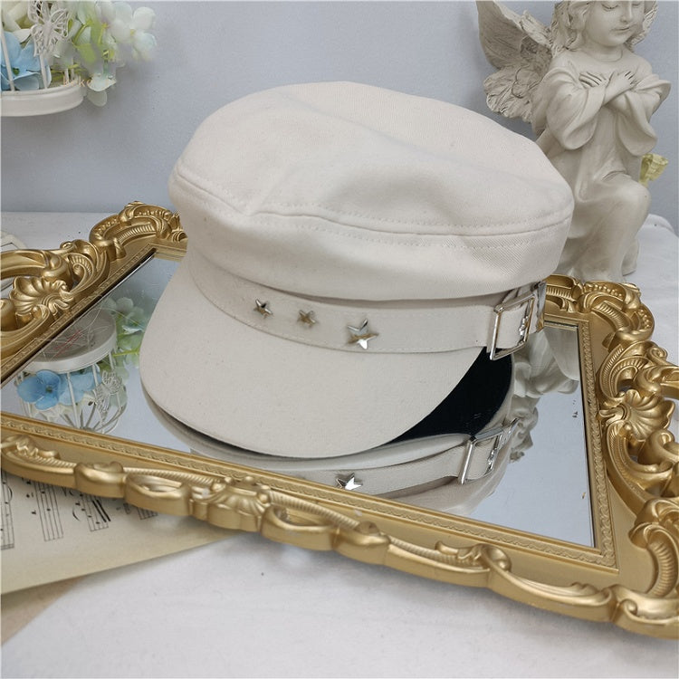 Decorative Black / White Stars Beige Hat