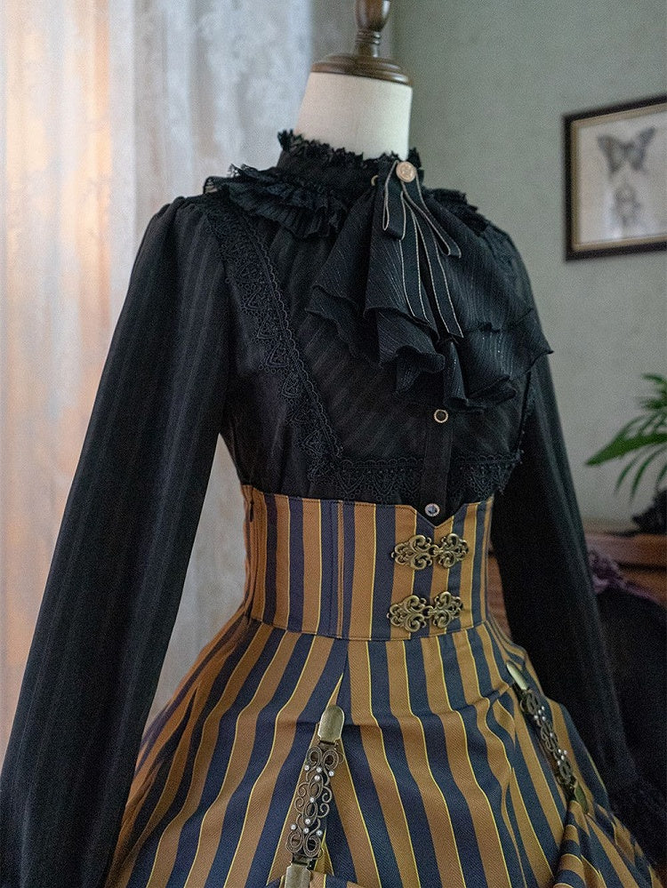 Bluse Gothic Kragen / Weiß Dunkel – Blau) Verfügbar Rot Hoch Farben Lolita Stoff 4 Gewaschen in Wildleder (Schwarz