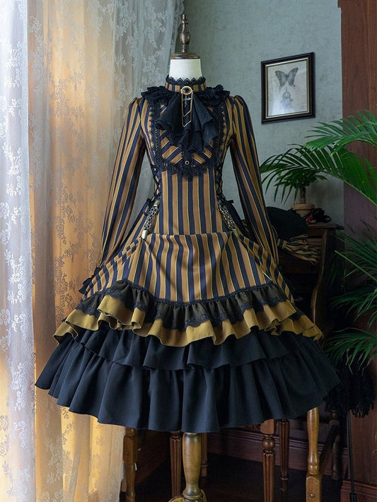 mit gestreifter Schnürung Gothic Petite Rüschenkragen Lolita Kleid Taille