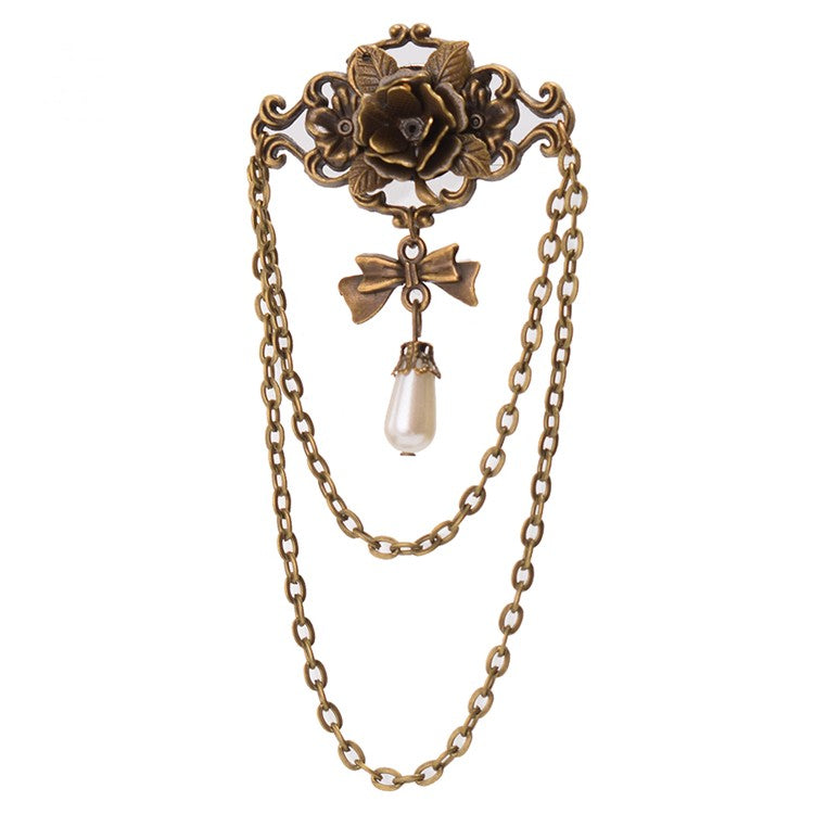 スチームパンクなリボンラインストーンローズブローチ