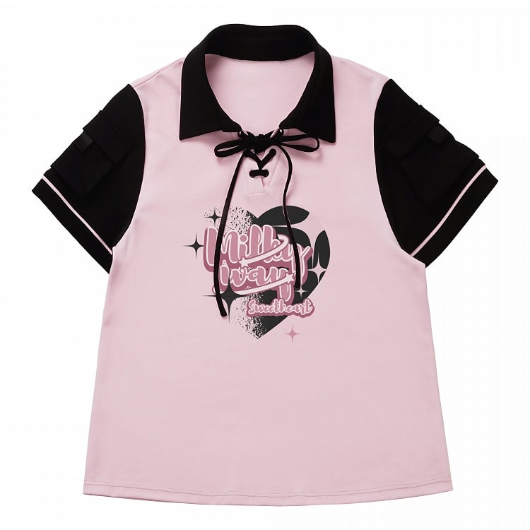Black T-shirt Pink Detail and Lace-up Graphic