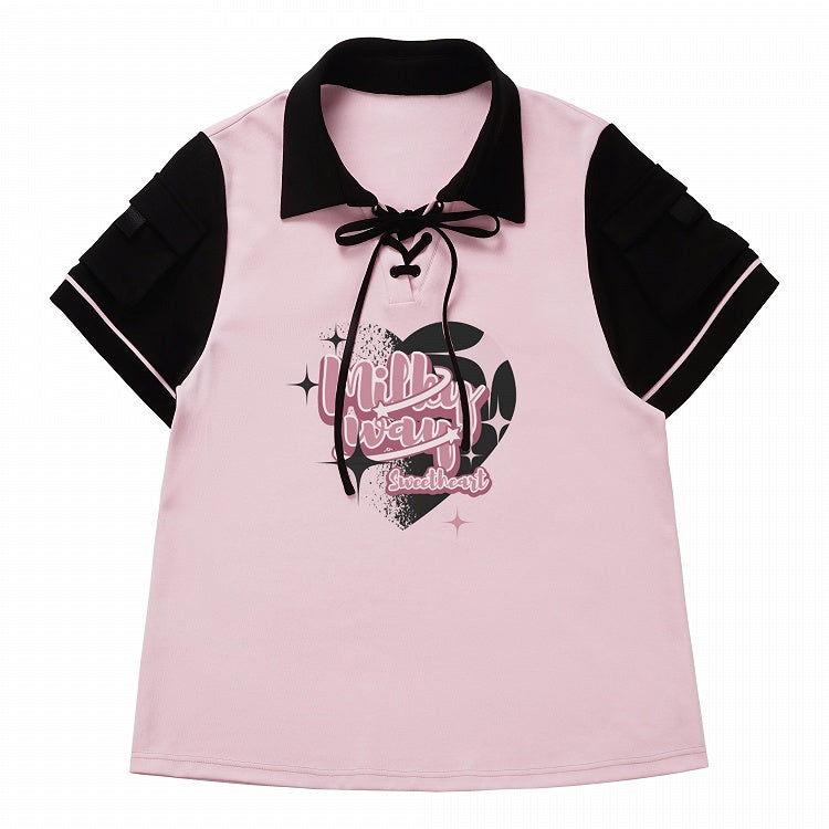 Pink Detail Black Lace-up T-shirt and Graphic
