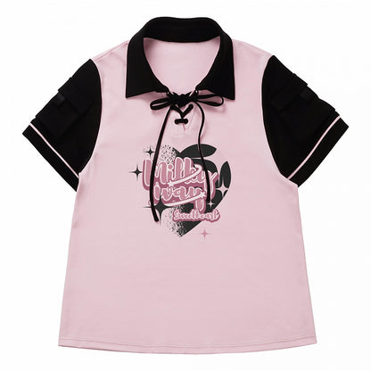 Pink Detail Black Lace-up T-shirt and Graphic