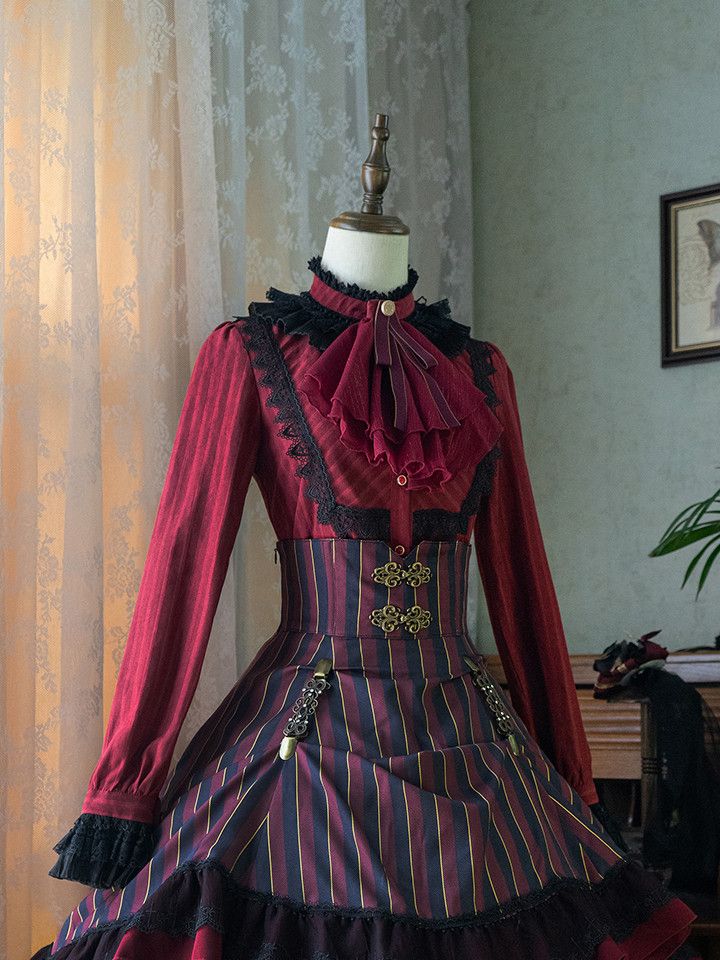Bluse Gothic Kragen / Weiß Dunkel – Blau) Verfügbar Rot Hoch Farben Lolita Stoff 4 Gewaschen in Wildleder (Schwarz