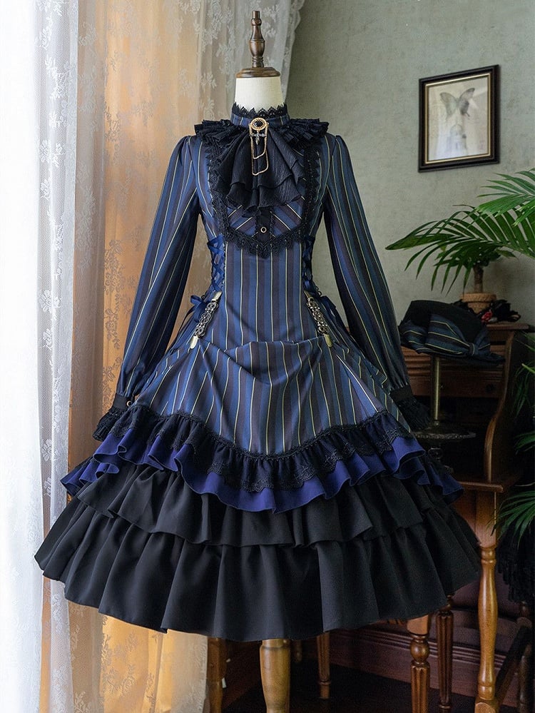mit gestreifter Schnürung Gothic Petite Rüschenkragen Lolita Kleid Taille