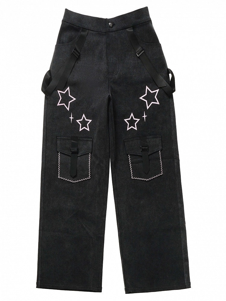 Gray Jeans Straps Stars with Dark Print