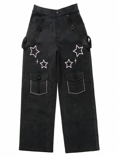 Gray Jeans Straps Stars with Dark Print