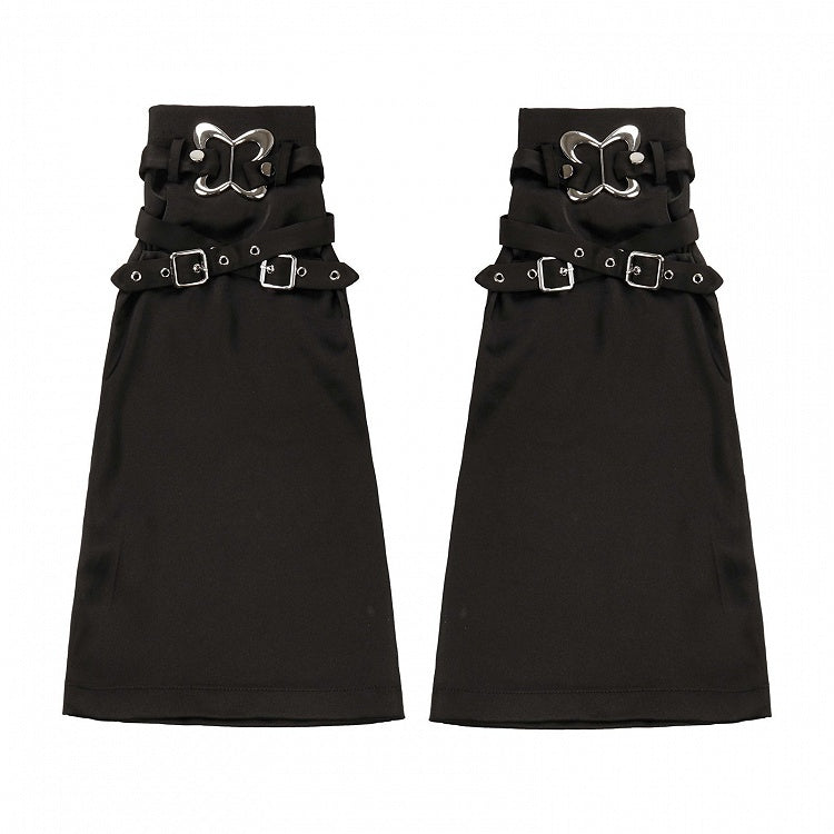 バックル付きブラック/ホワイトストラップデザインレッグウォーマー