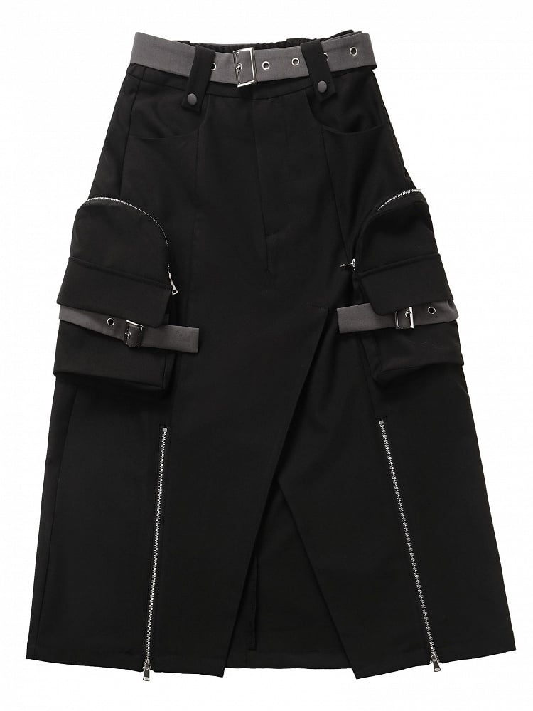 Techwear Cargo Skirt with Long Slit in Black - PINK SAVIOR