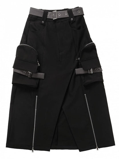 Techwear Cargo Skirt with Long Slit in Black - PINK SAVIOR
