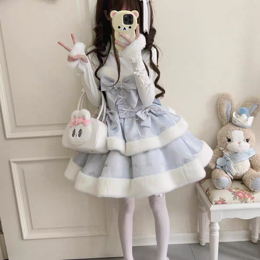 Blue Snowflake Bows Bodice Winter Plush Trimming Strapless Dress
