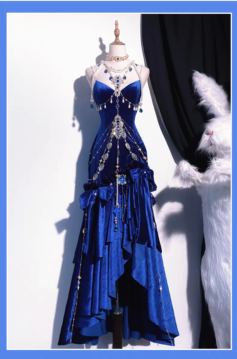 Deep Sea Blue Velvet Mermaid Evening Gown - Backless Siren Prom Dress