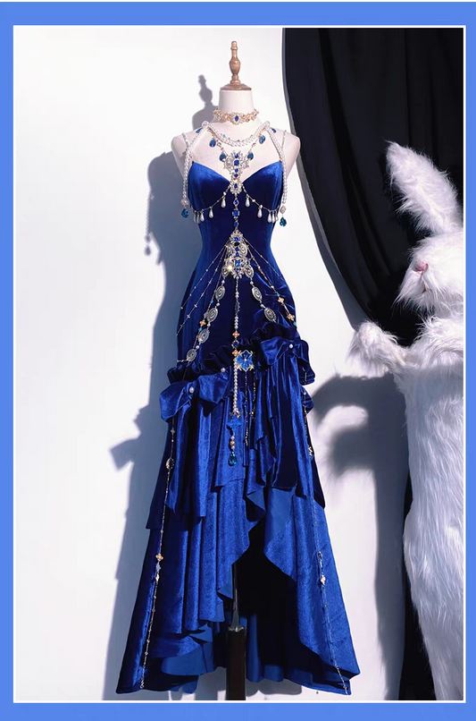 Deep Sea Blue Velvet Mermaid Skirt Backless Siren Prom Dress Evening Gown BE001