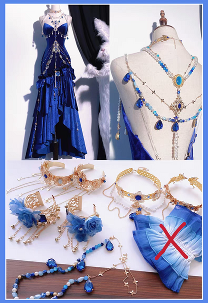 Deep Sea Blue Velvet Mermaid Skirt Backless Siren Prom Dress Evening Gown BE001