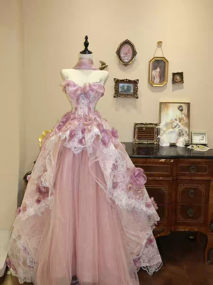 Pink Strapless Princess Gown with Floral Train