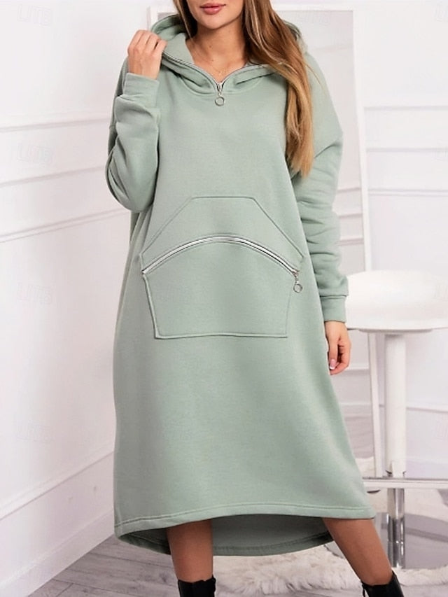 FashionChic Women's Hooded Midi Dress | Casual Polyester Dress with Pockets & Zipper (S-5XL)