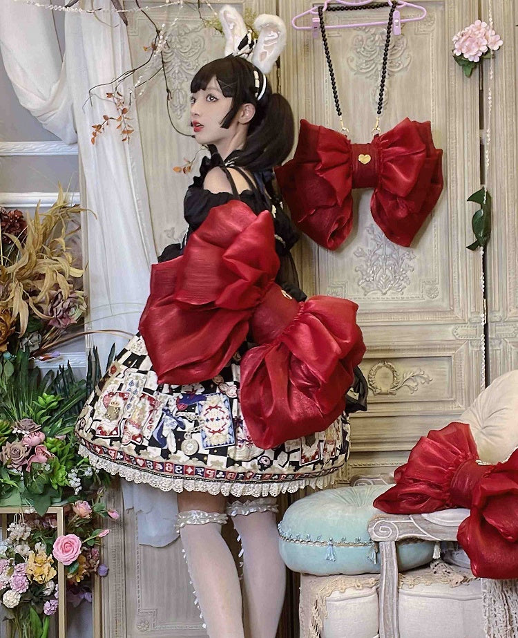 Color Solid Red Bow Backpack Wine Big