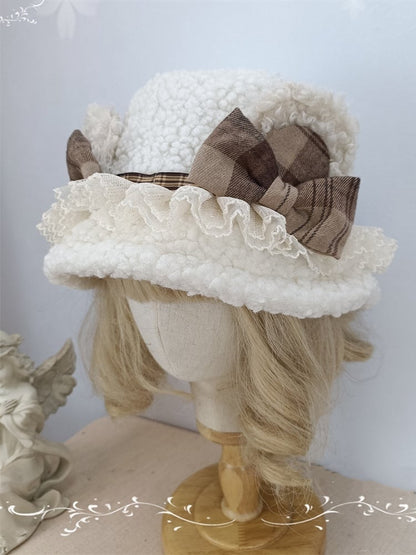 Plush / Trim Creamy Bucket Beige Bowknots Yellow Hat Lace Light