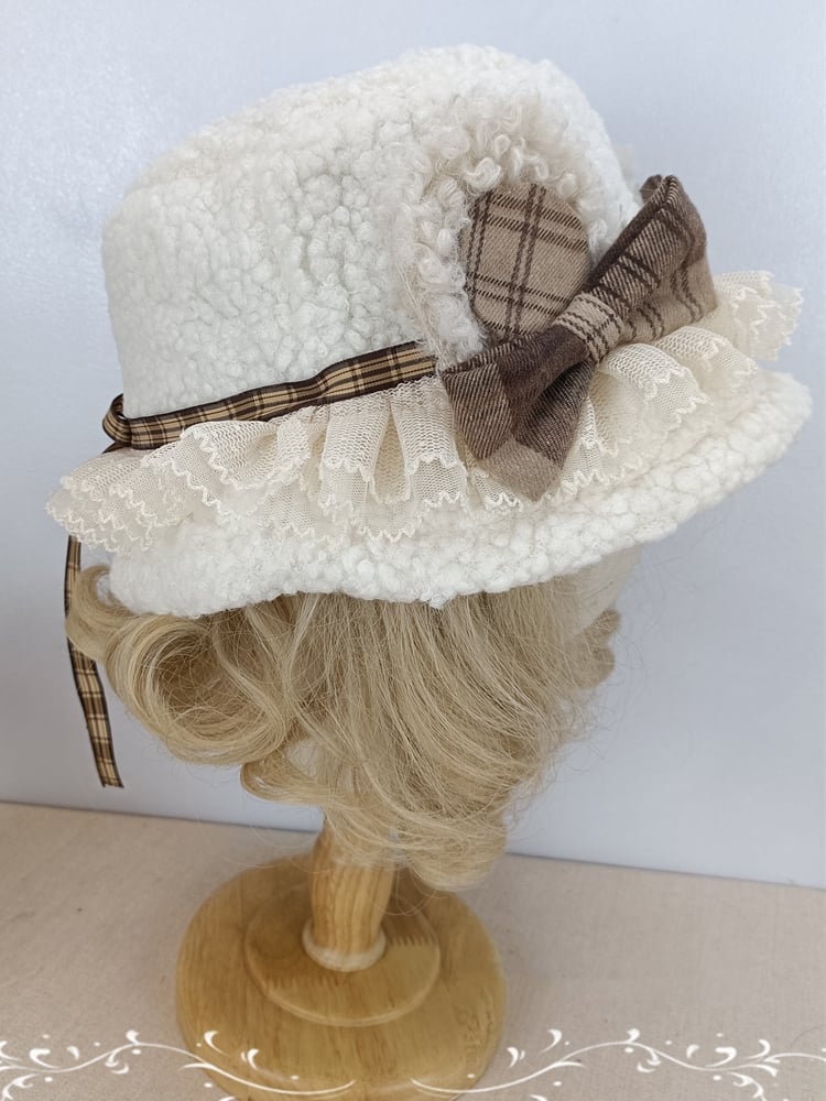 Plush / Trim Creamy Bucket Beige Bowknots Yellow Hat Lace Light
