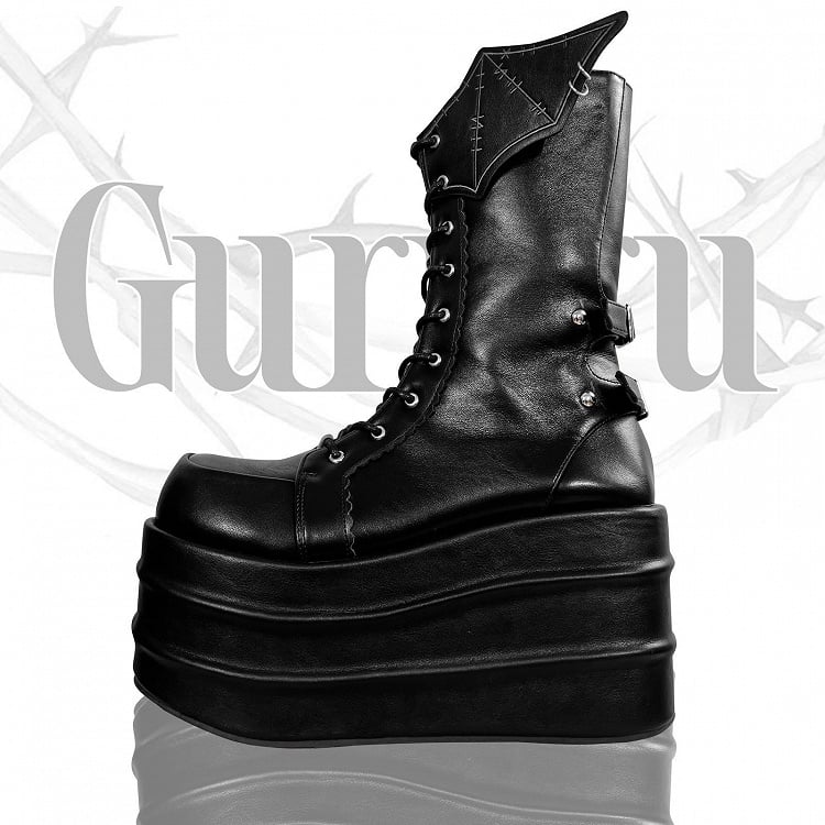 Bat Wings Martens Design Platform Black Strap Lace-up Boots
