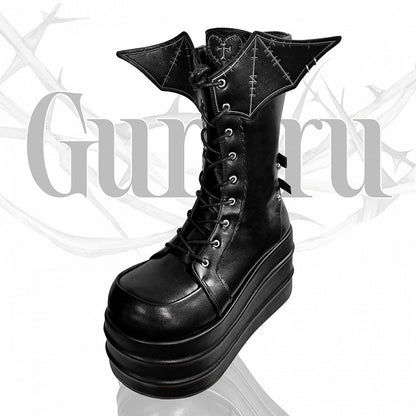 Bat Wings Martens Design Platform Black Strap Lace-up Boots