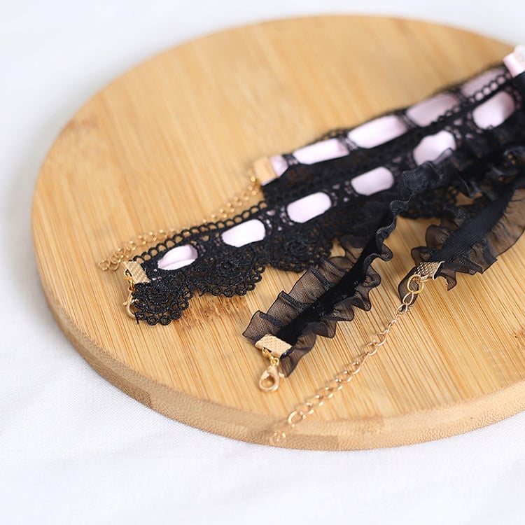 Handmade Bowknot Choker in Black and Pink Lace - Little Ghost