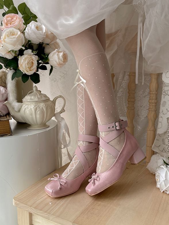 Wraparound Ballet Ankle Straps Shoes Satin Elegant Pink