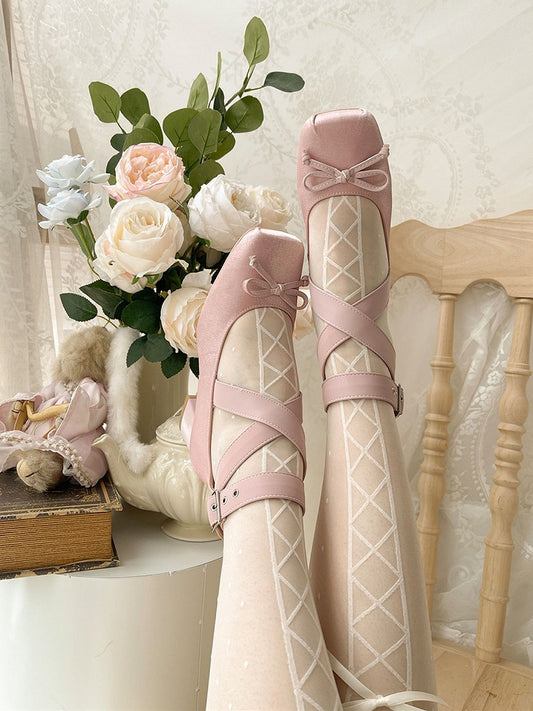 Wraparound Ballet Ankle Straps Shoes Satin Elegant Pink