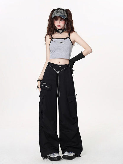 Pants Chain Wide-leg Black Techwear Waist with Cargo Butterfly