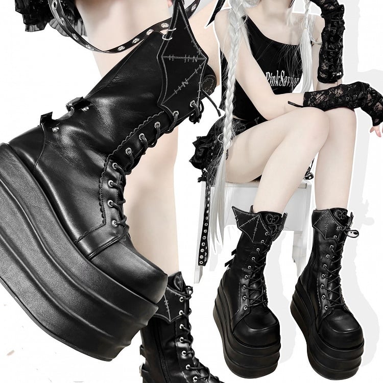 Bat Wings Martens Design Platform Black Strap Lace-up Boots