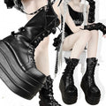 Bat Wings Martens Design Platform Black Strap Lace-up Boots