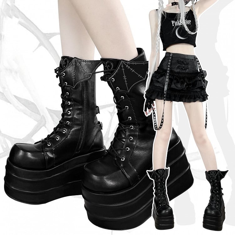 Bat Wings Martens Design Platform Black Strap Lace-up Boots