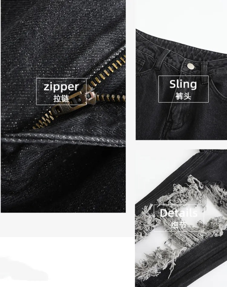 フリンジデザイン ダメージ加工 ロウ ブラックホールズ ジーンズ