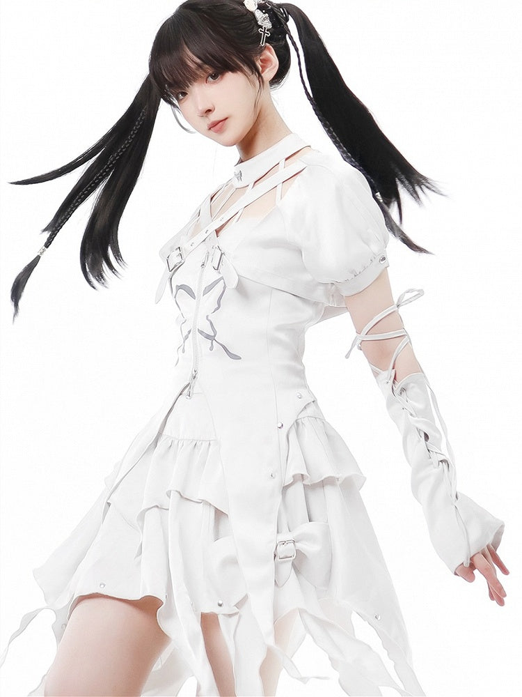 Tiered Ruffles Skirt Studs Details Hem White Handkerchief