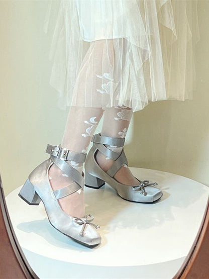 Wraparound Shoes Satin Ankle Straps Gray Elegant Ballet