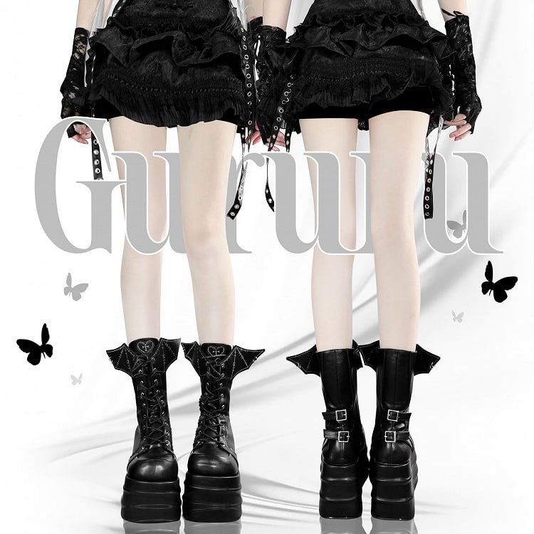 Bat Wings Martens Design Platform Black Strap Lace-up Boots