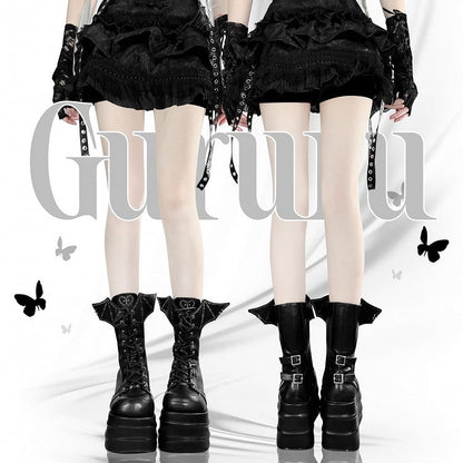 Bat Wings Martens Design Platform Black Strap Lace-up Boots