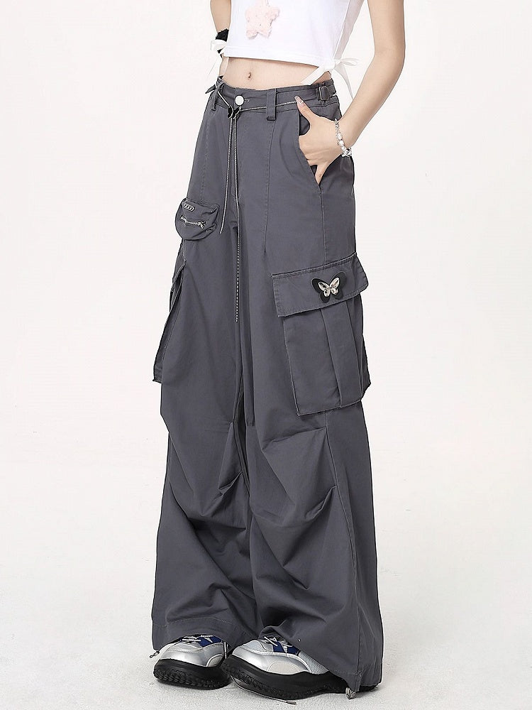 Ketten-Cargohose mit Hosenbund Techwear Grau Schmetterling Weites Bein