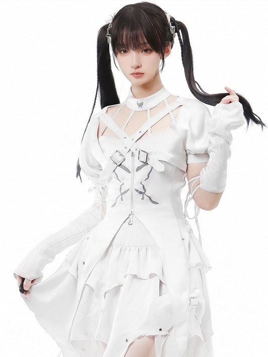 Irregular Cropped White Sleeves Print Set Top+Butterfly Top+Lace-up Halter