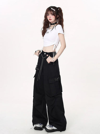 Pants Chain Wide-leg Black Techwear Waist with Cargo Butterfly