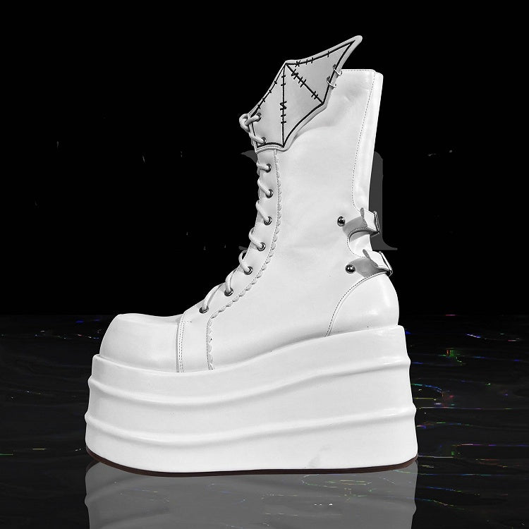 White Lace-up Design Boots Goth Bat Platform Tie Wings