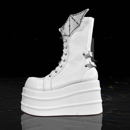 White Lace-up Design Boots Goth Bat Platform Tie Wings